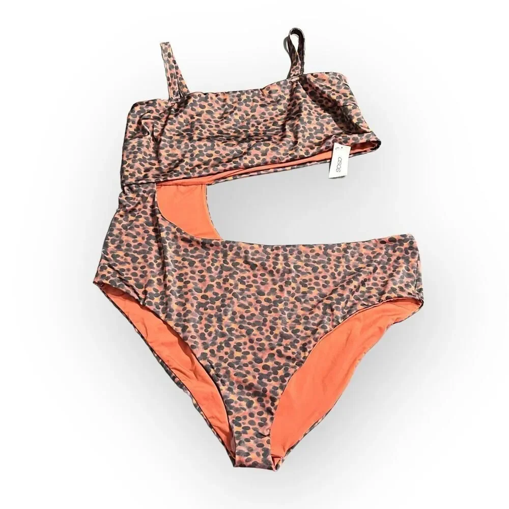 Asos One Piece Swimsuit Womens Plus 18 Black Orange Tortoise Bandeau Cut Out NWT